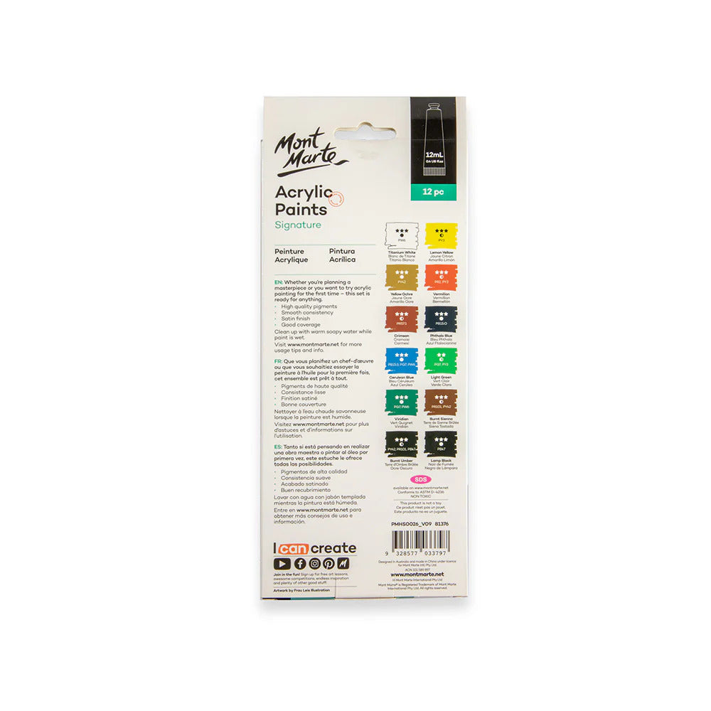 Mont Marte Signature Acrylfarben Set – 12 Farben à 12 ml - SETL
