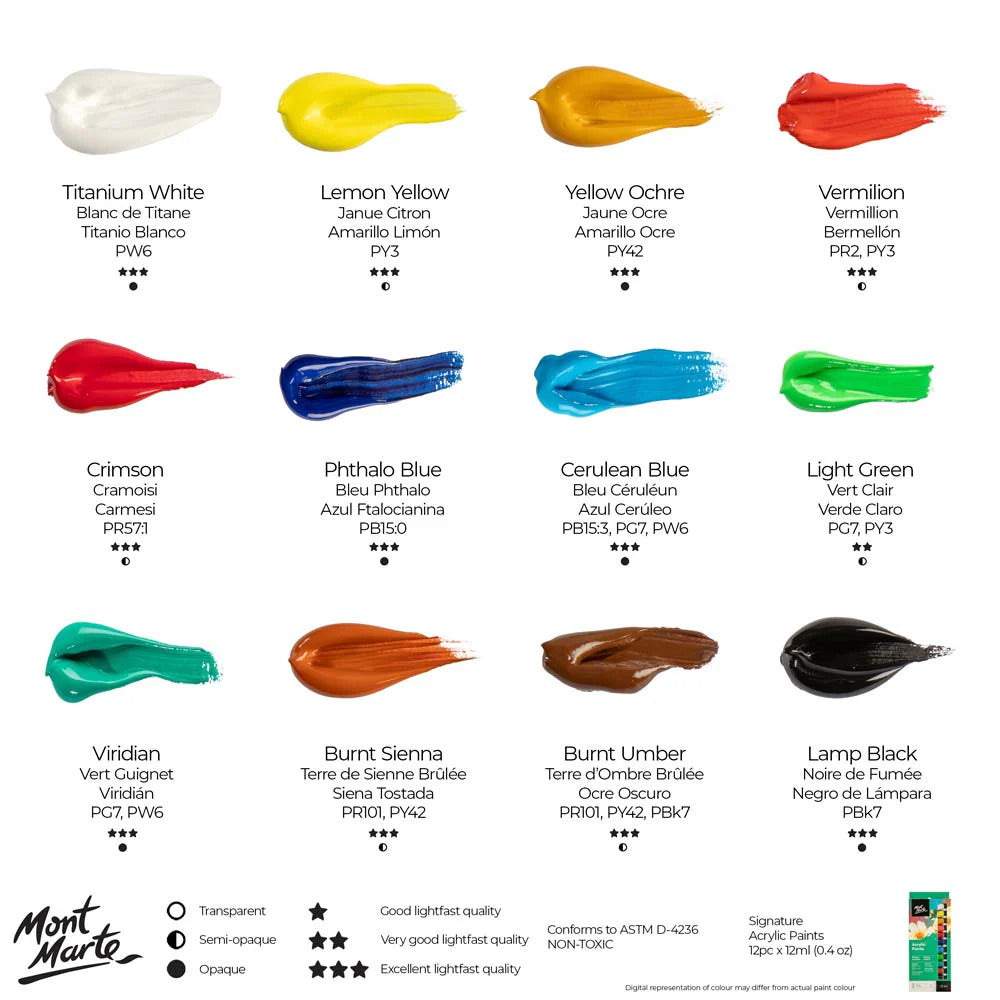 Mont Marte Signature Acrylfarben Set – 12 Farben à 12 ml - SETL