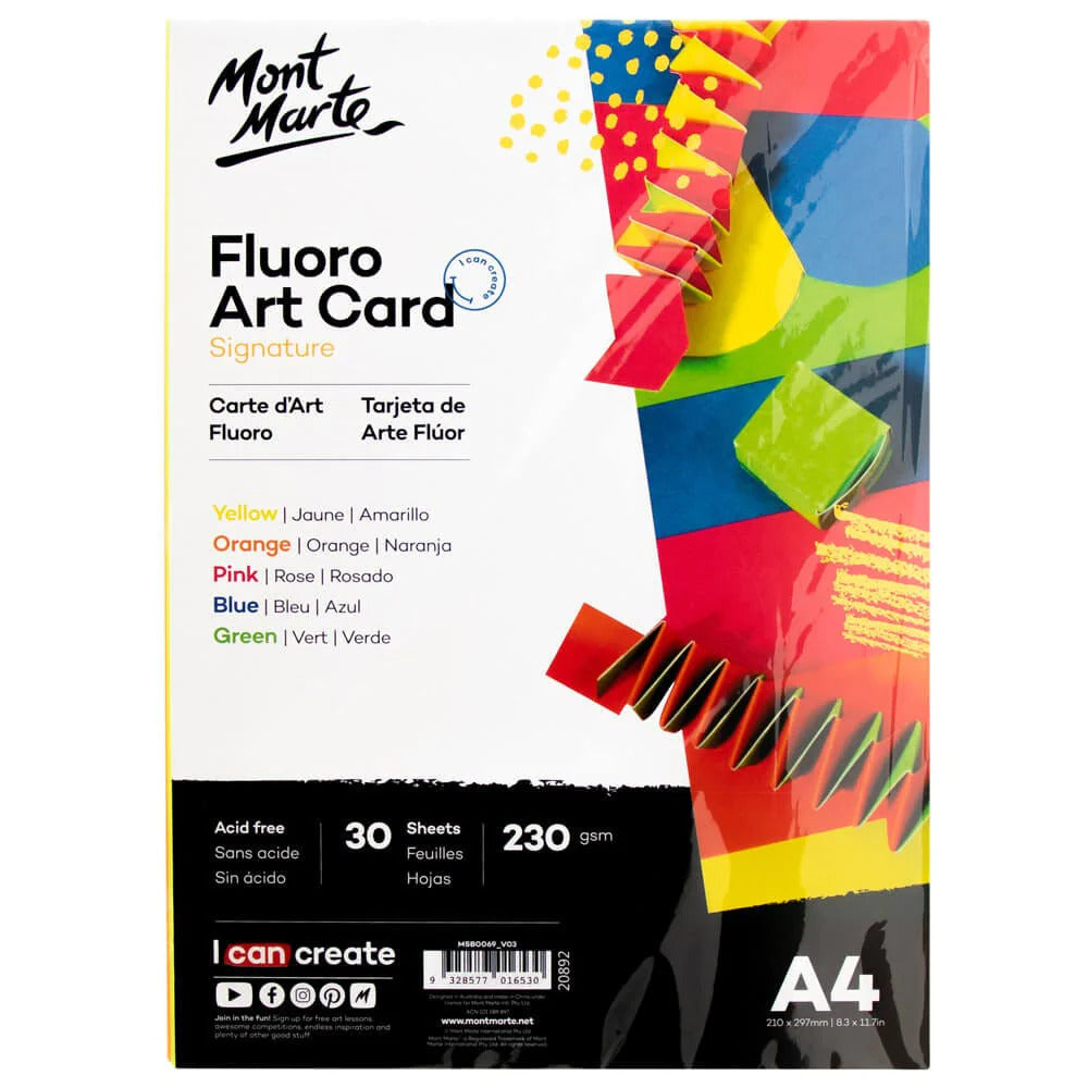 Mont Marte Fluoro Art Card A4, 230 g/m² – 30 Blatt in 5 Farben - SETL