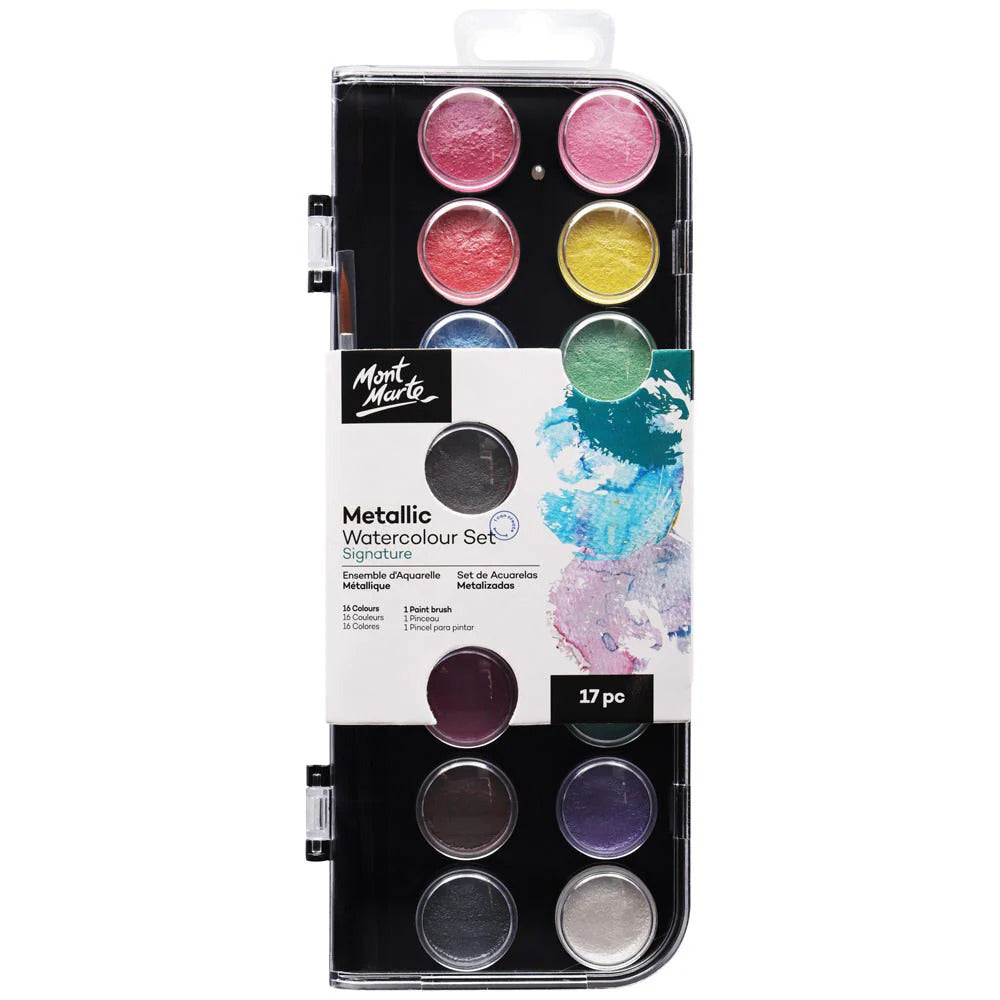 Mont Marte Signature Metallic Aquarellfarben Set – 16 Farben mit Pinsel - SETL