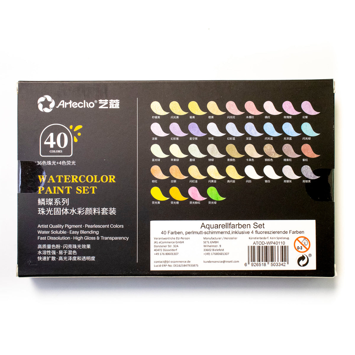 Artecho Aquarellfarben Set - 40 Farben inkl. Perlglanz & Neon mit Wasserpinsel & Schwamm - SETL
