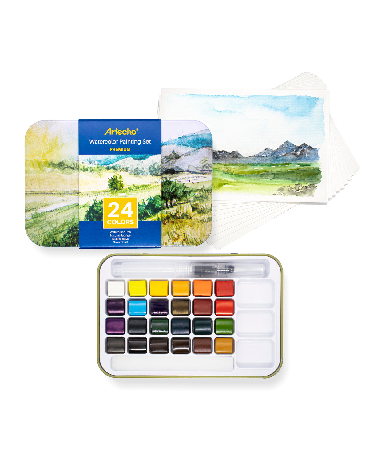 Artecho Aquarellfarben Set - 24 Farben, 1 Wassertankpinsel und 10 Aquarellpapiere - SETL