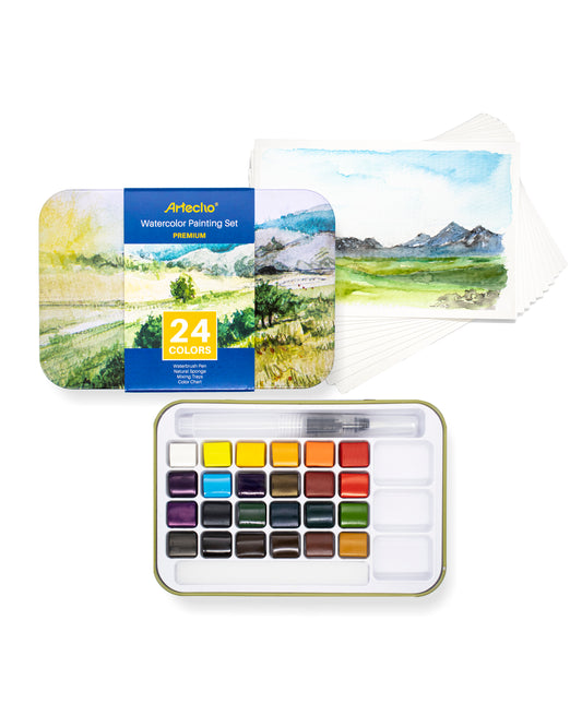 Artecho Aquarellfarben Set - 24 Farben, 1 Wassertankpinsel und 10 Aquarellpapiere - SETL