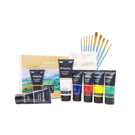 Artecho Künstlerset - 6 x 60ml + 1 x 120ml Wasserfest Acrylfarben mit 10 Pinseln & 1 Palette - SETL