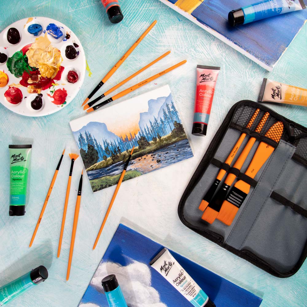 Mont Marte Pinselset 10-teilig – Taklon Pinsel für Acryl-, Öl-, Gouache- und Aquarellfarben im Reißverschluss-Etui - SETL