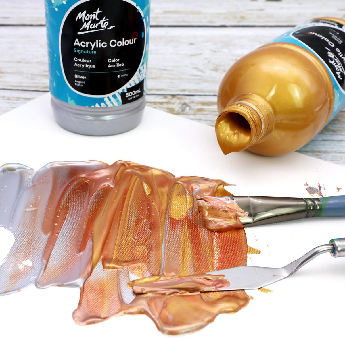 Mont Marte Acrylfarbe Signature - Grundfarben in 500ml Flasche, Weiß/ Schwarz/ Gold - SETL