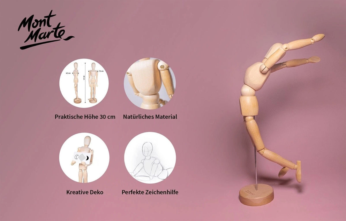 Mont Marte Biegepuppe Mannequin/ Gliederpuppe aus Holz - 30cm hoch - beweglich & sicherer Standfuss - SETL